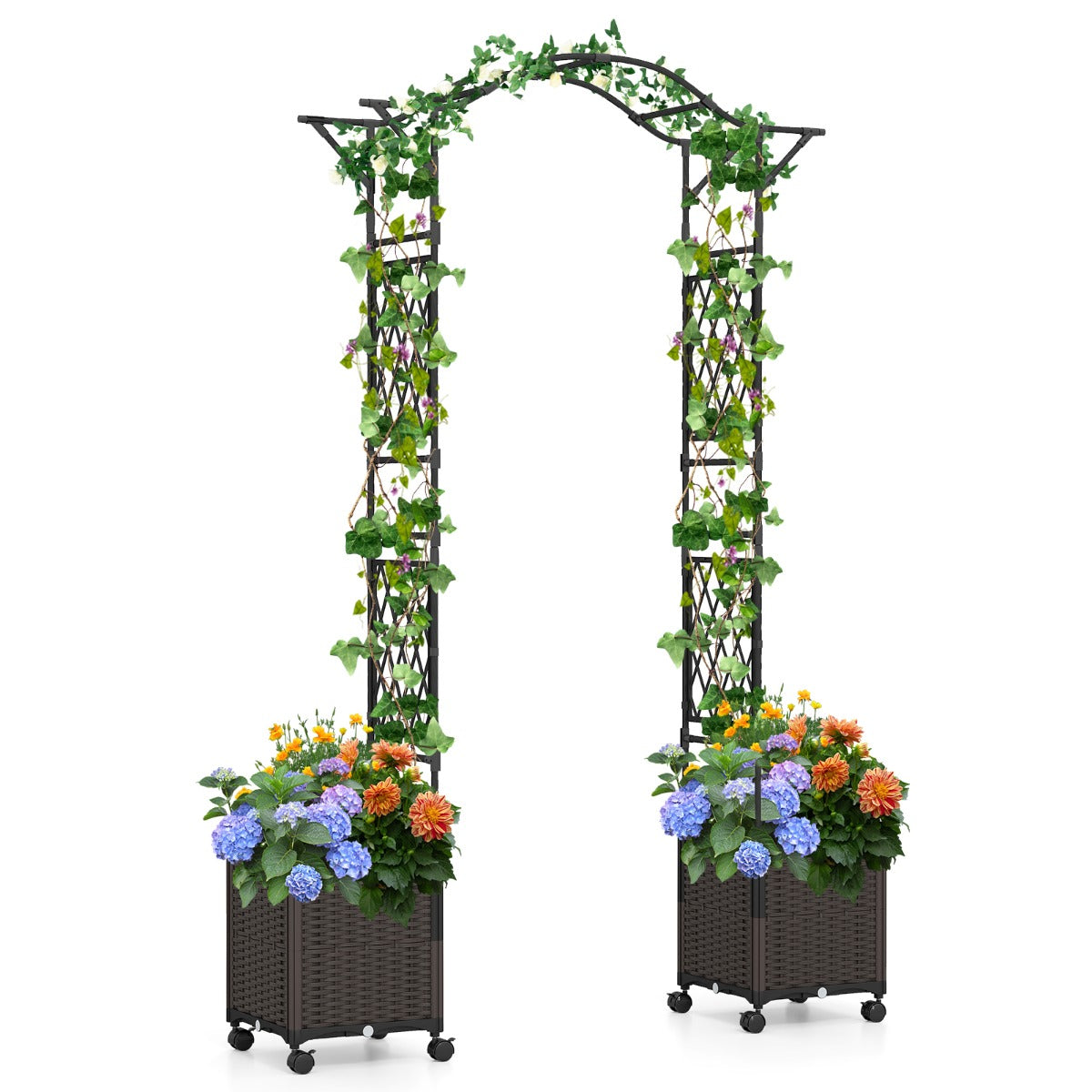 LIVSK 2-in-1 Tuinboog met Plantenbakken - Zelfbewateringssysteem - Roestvrij Metaal - Ideaal voor Klimplanten - 208 x 40 x 250 cm