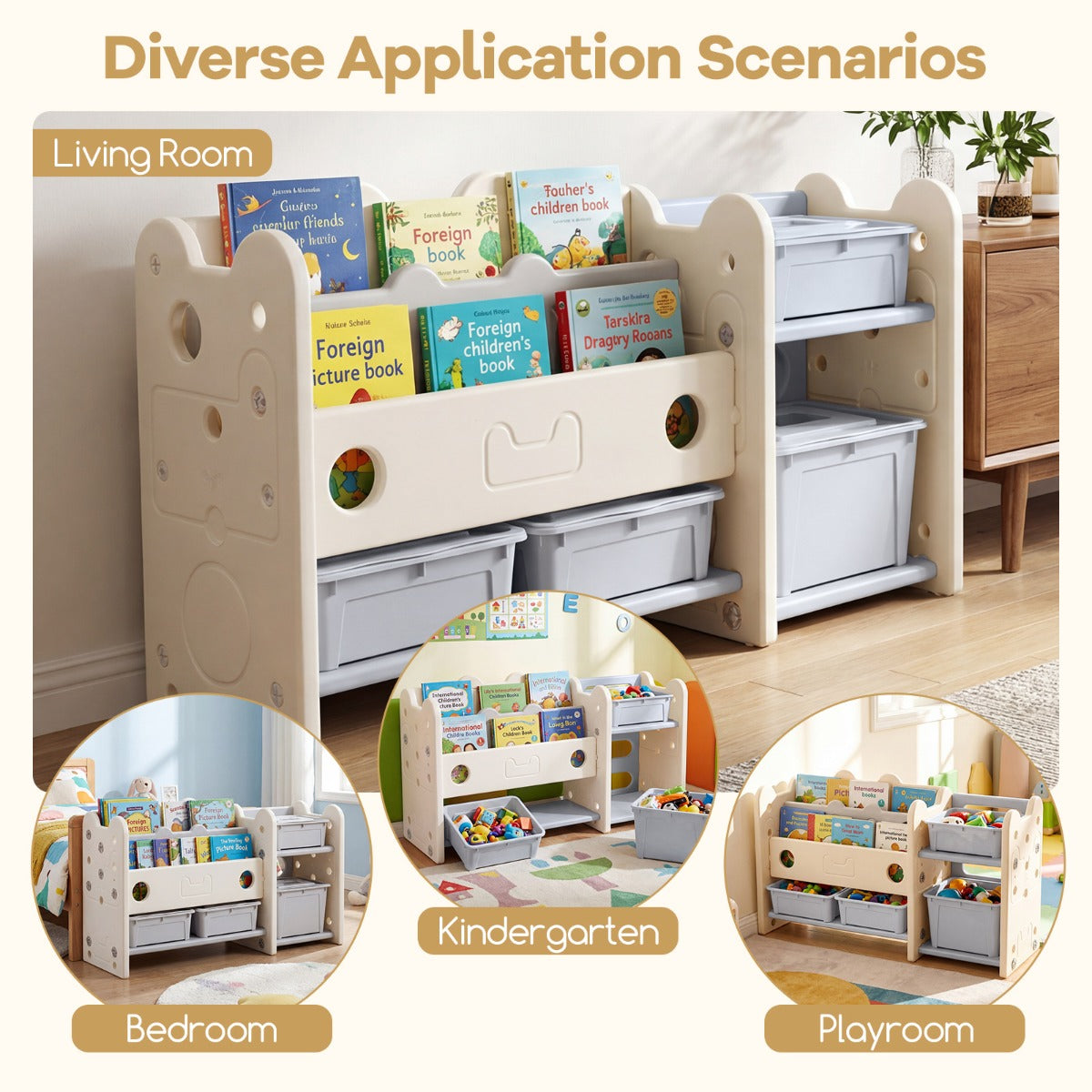 Livsk costway 2 in 1 speelgoedrek voor kinderen met boekenplank voorzien van 4 opbergdozen en 3 planken