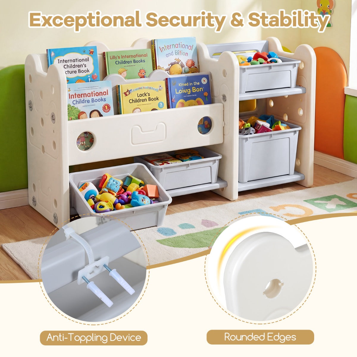 Livsk costway 2 in 1 speelgoedrek voor kinderen met boekenplank voorzien van 4 opbergdozen en 3 planken