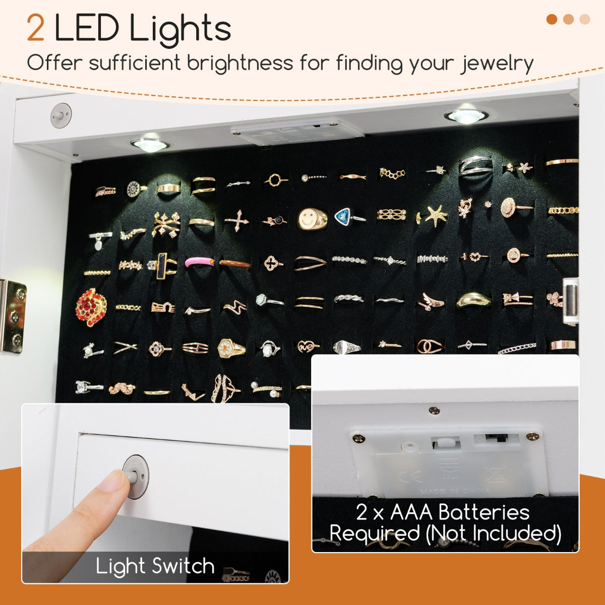 LIVSK Sieradenkast met LED-verlichting - Afsluitbaar met Full-Length Spiegel - 108 Oorbelplaatsen - Verstelbaar - Wit