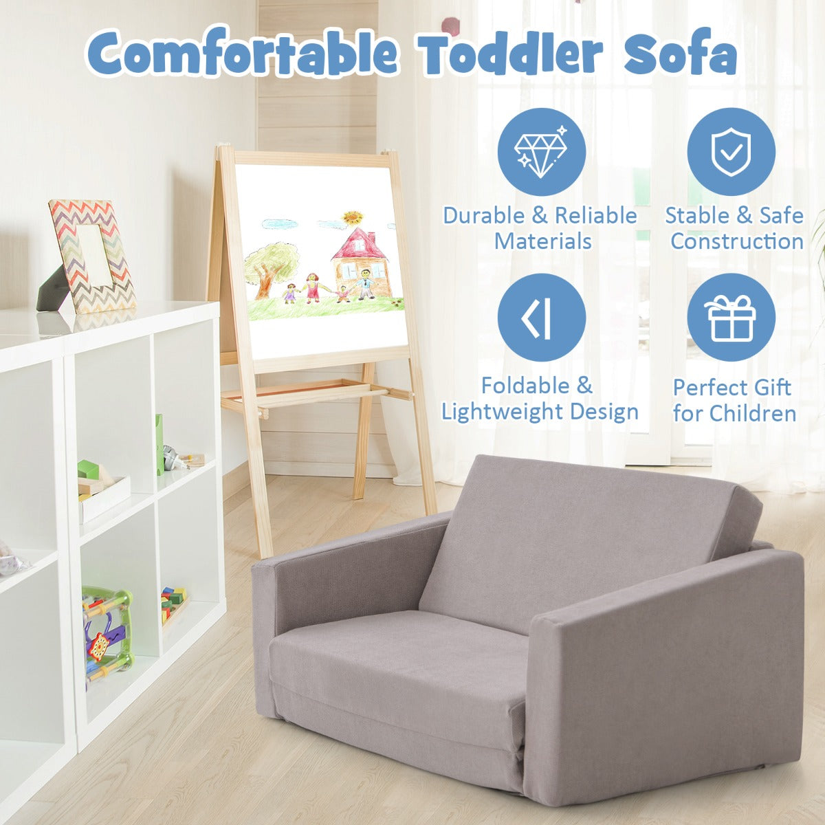 LIVSK 2-in-1 Kinderslaapbank - Afneembare Wasbare Hoes - Ergonomisch en Lichtgewicht - Tot 50 kg - Grijs