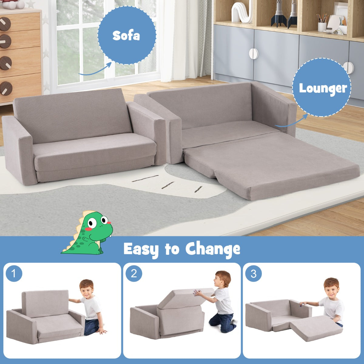 LIVSK 2-in-1 Kinderslaapbank - Afneembare Wasbare Hoes - Ergonomisch en Lichtgewicht - Tot 50 kg - Grijs