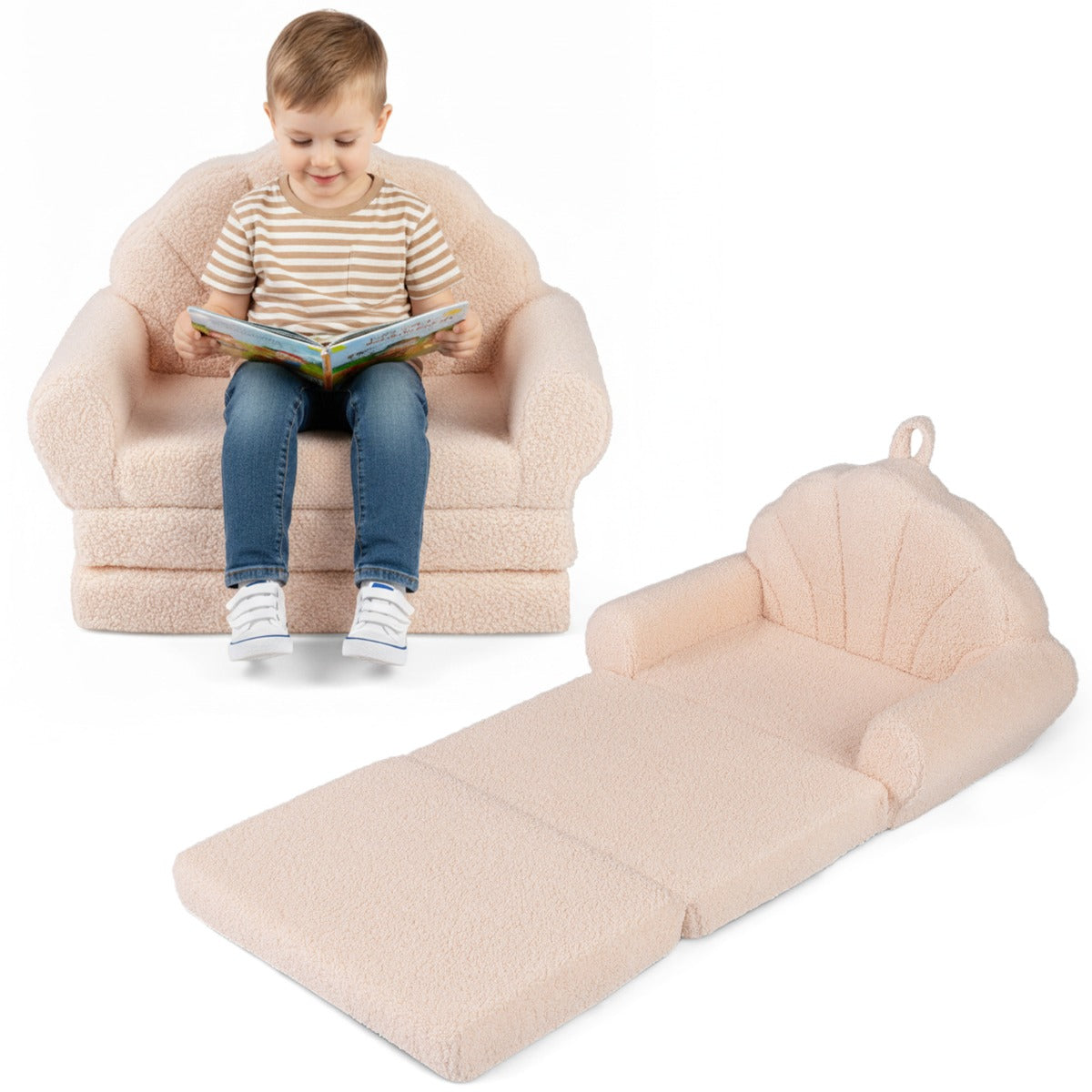 Livsk costway 2 in 1 uitklapbare kinderbank kinderfauteuil met slaapfunctie kinderbank voor jongens en meisjes vanaf 3 jaar beige 1
