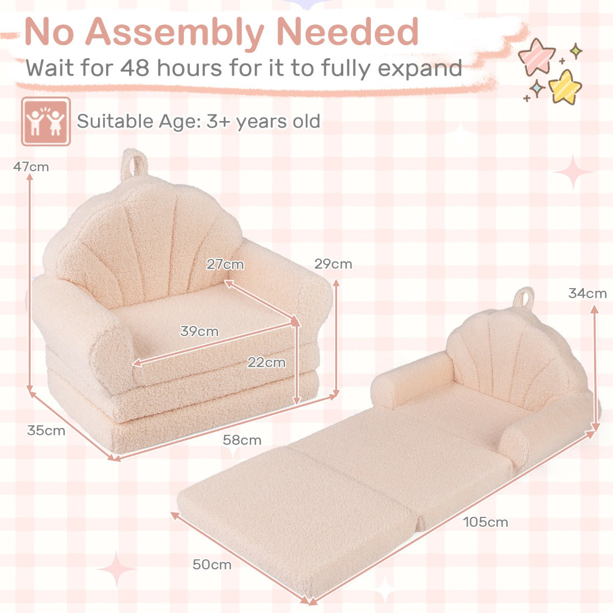 Livsk costway 2 in 1 uitklapbare kinderbank kinderfauteuil met slaapfunctie kinderbank voor jongens en meisjes vanaf 3 jaar beige