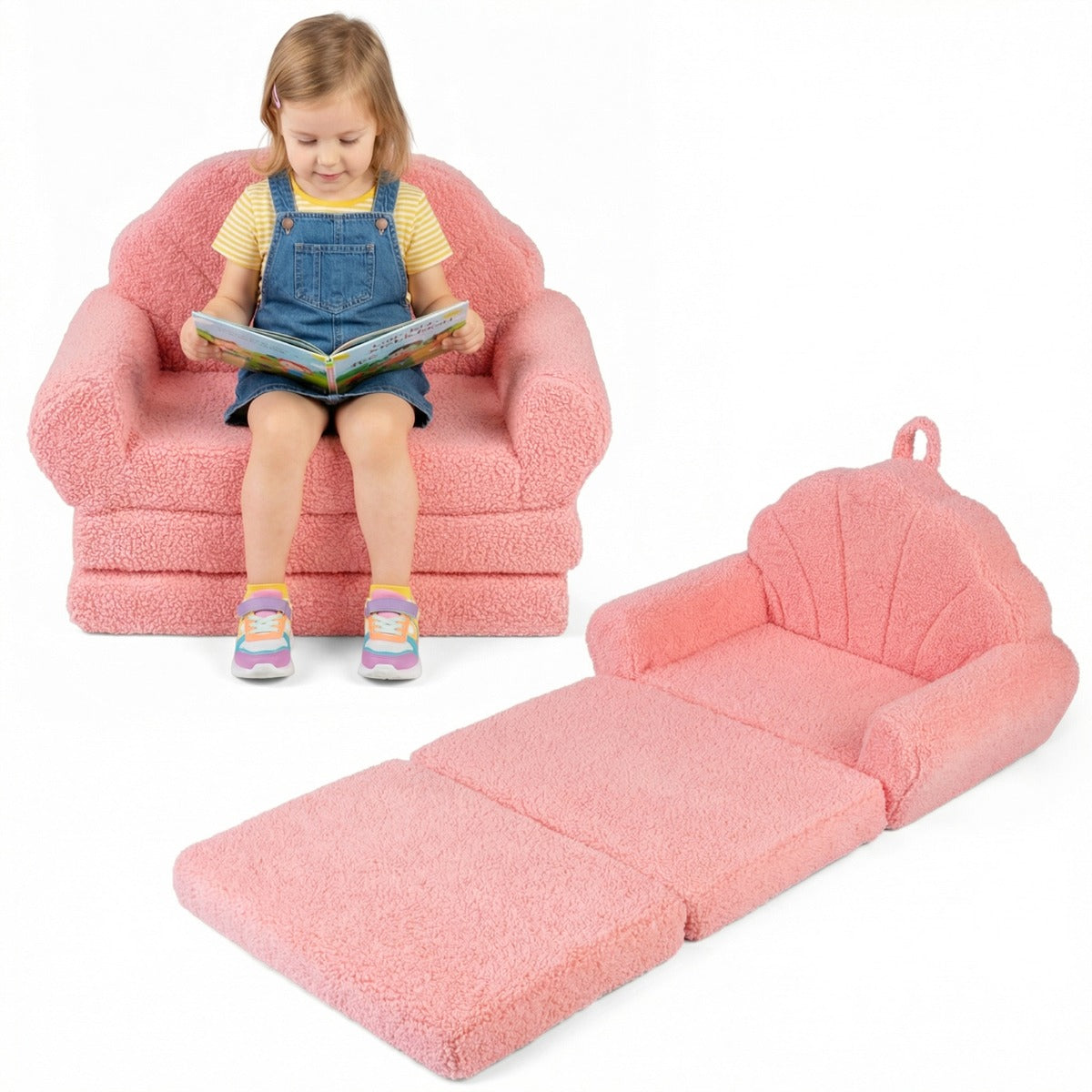Livsk costway 2 in 1 uitklapbare kinderbank kinderfauteuil met slaapfunctie kinderbank voor jongens en meisjes vanaf 3 jaar roze 1