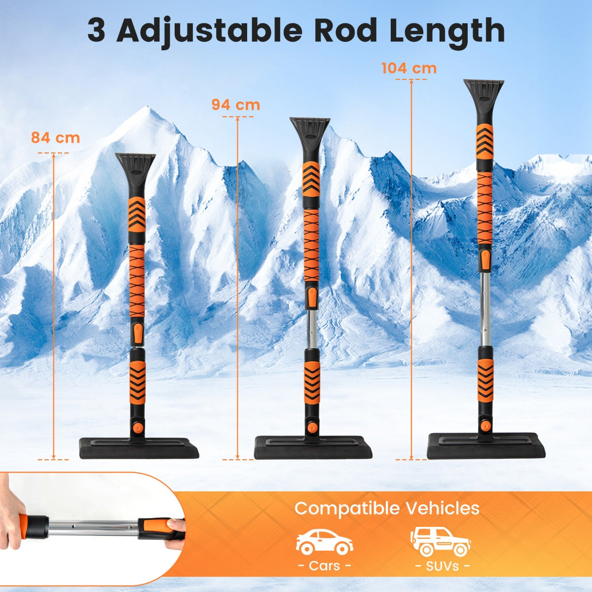 LIVSK 2-in-1 Sneeuwschuiver en IJskrabber - Uitschuifbare Aluminium Steel van 84-104 cm - Draaibare Kop - Antislip Handgreep -