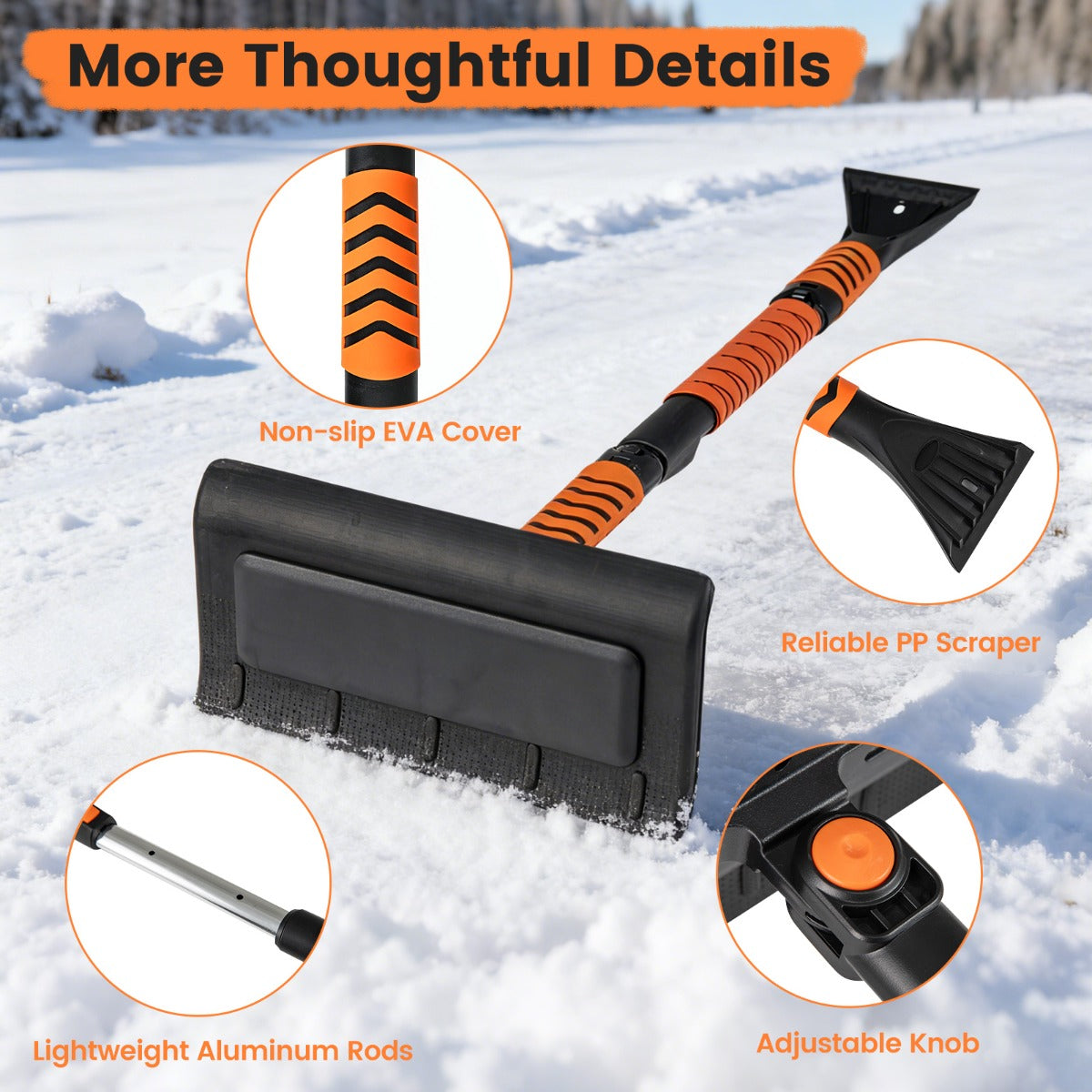 LIVSK 2-in-1 Sneeuwschuiver en IJskrabber - Uitschuifbare Aluminium Steel van 84-104 cm - Draaibare Kop - Antislip Handgreep -