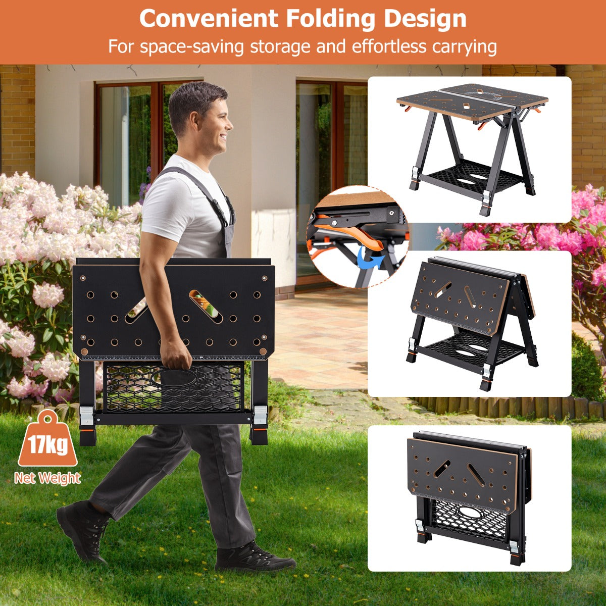 LIVSK Verstelbare Werktafel - 2-in-1 Werkbank en Zaagbok - 8-traps Hoogteverstelling - Draagvermogen 454 kg - Zwart