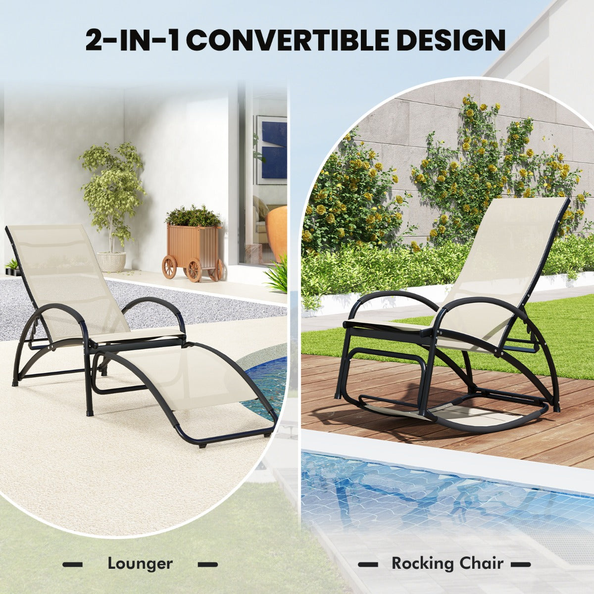 LIVSK 2-in-1 Schommel- en Ligstoel - Verstelbare Rugleuning - Aluminium Frame - Voor Binnen en Buiten - Tot 150 kg - Beige