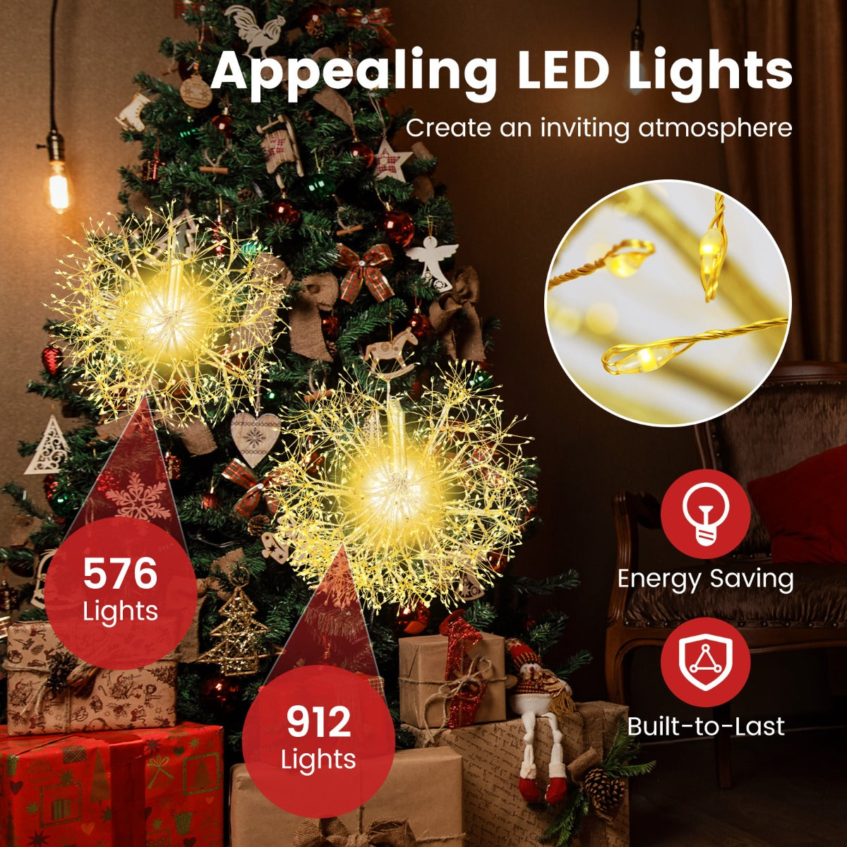 LIVSK Paardenbloem Kerstverlichting - Set van 2 - 1488 Warmwitte LED's - Weerbestendig - Eenvoudige Installatie - Goud