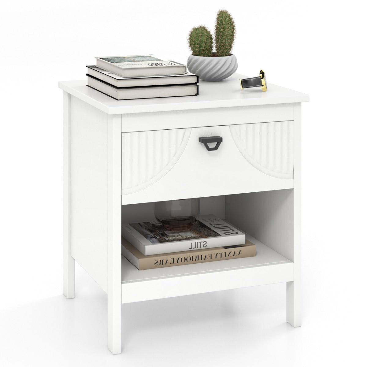 LIVSK Bijzettafel met Opbergplank en Lade - Modern en Elegant - Antislip en Anti-kantel - Compact voor Kleine Ruimtes - Wit