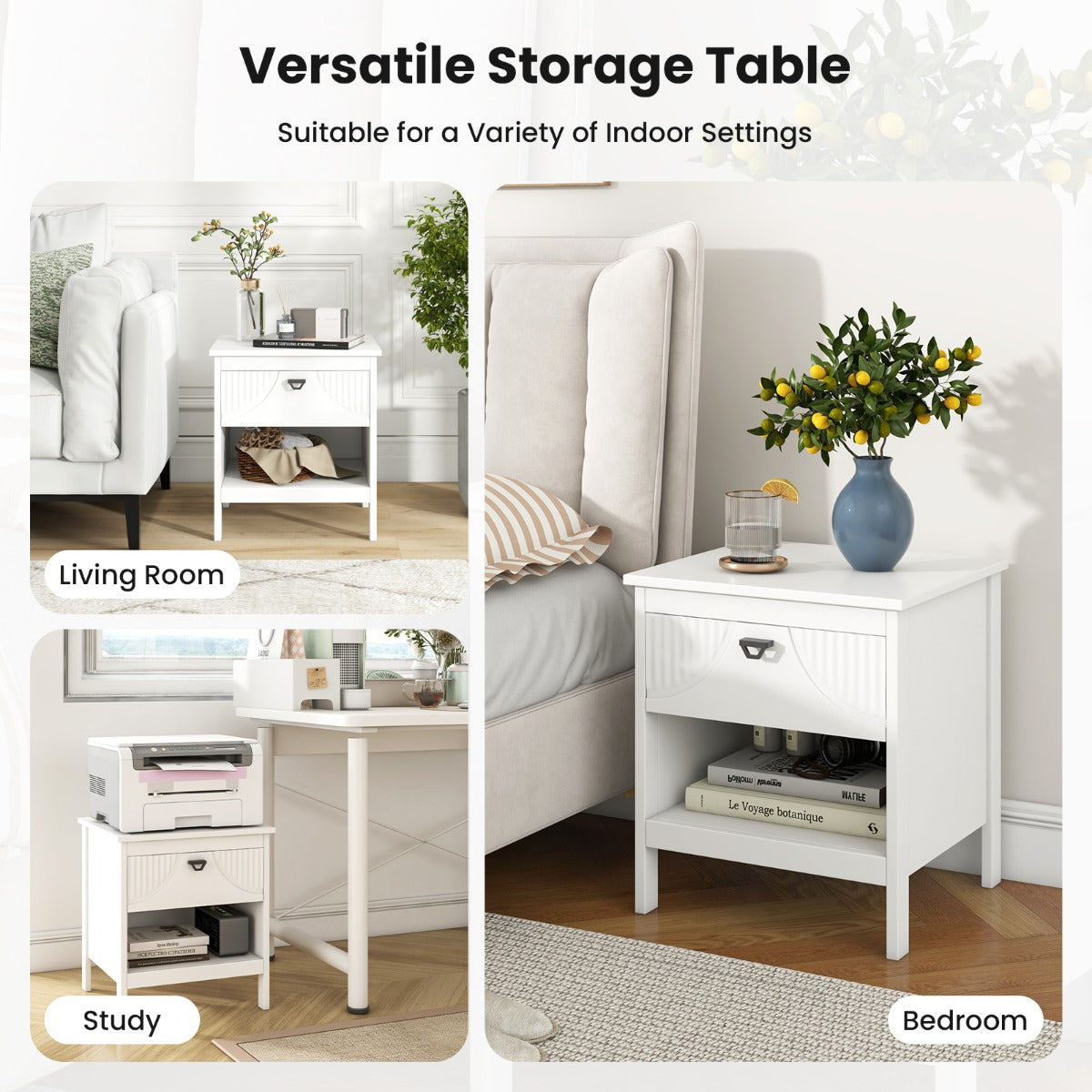 LIVSK Bijzettafel met Opbergplank en Lade - Modern en Elegant - Antislip en Anti-kantel - Compact voor Kleine Ruimtes - Wit