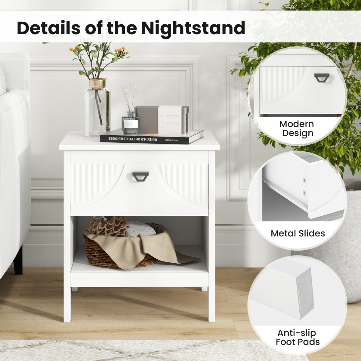 LIVSK Bijzettafel met Opbergplank en Lade - Modern en Elegant - Antislip en Anti-kantel - Compact voor Kleine Ruimtes - Wit