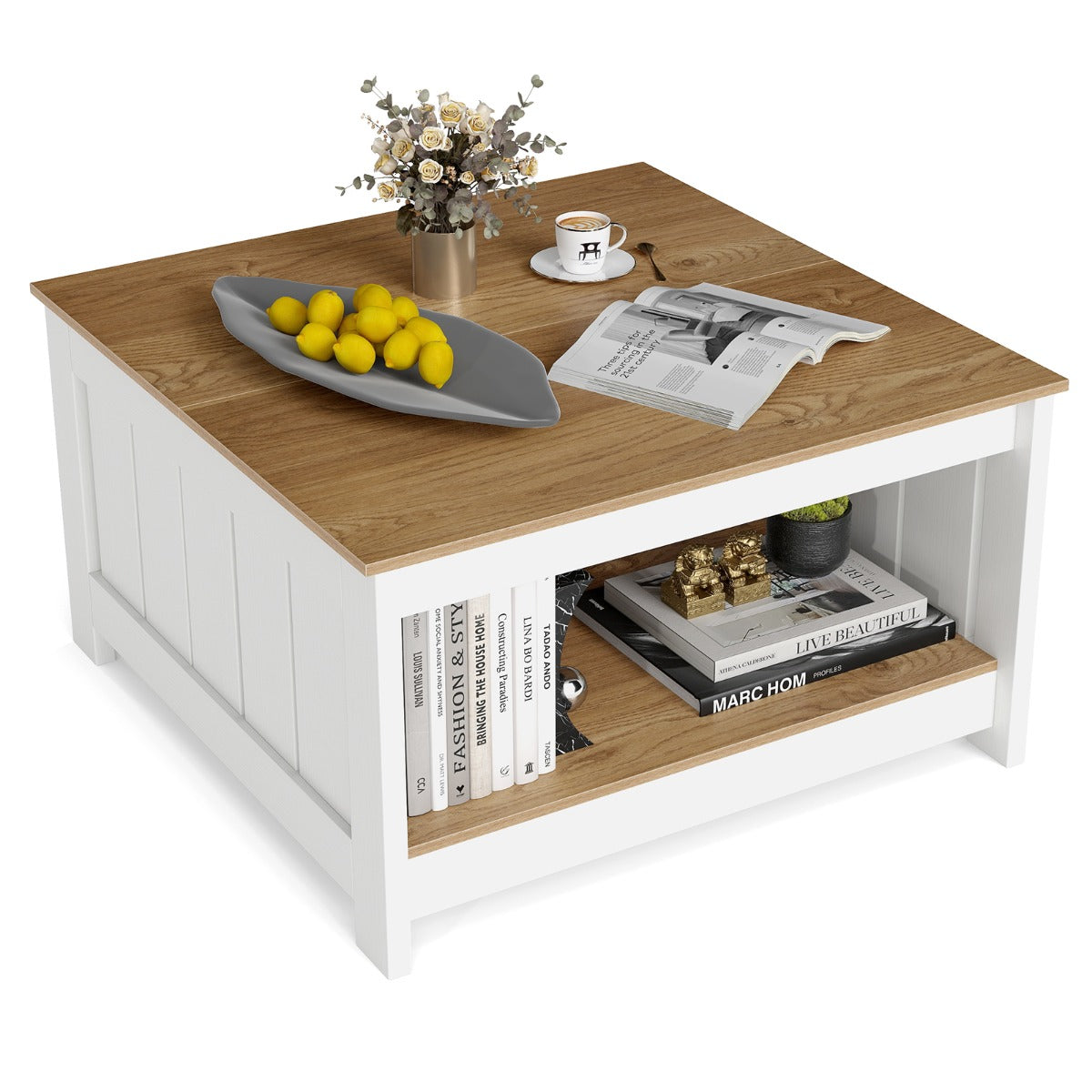 LIVSK Salontafel - 2-laagse Opbergruimte - Robuuste Constructie - Rustieke Houtnerf - Draagvermogen 160 kg - Naturel & Wit