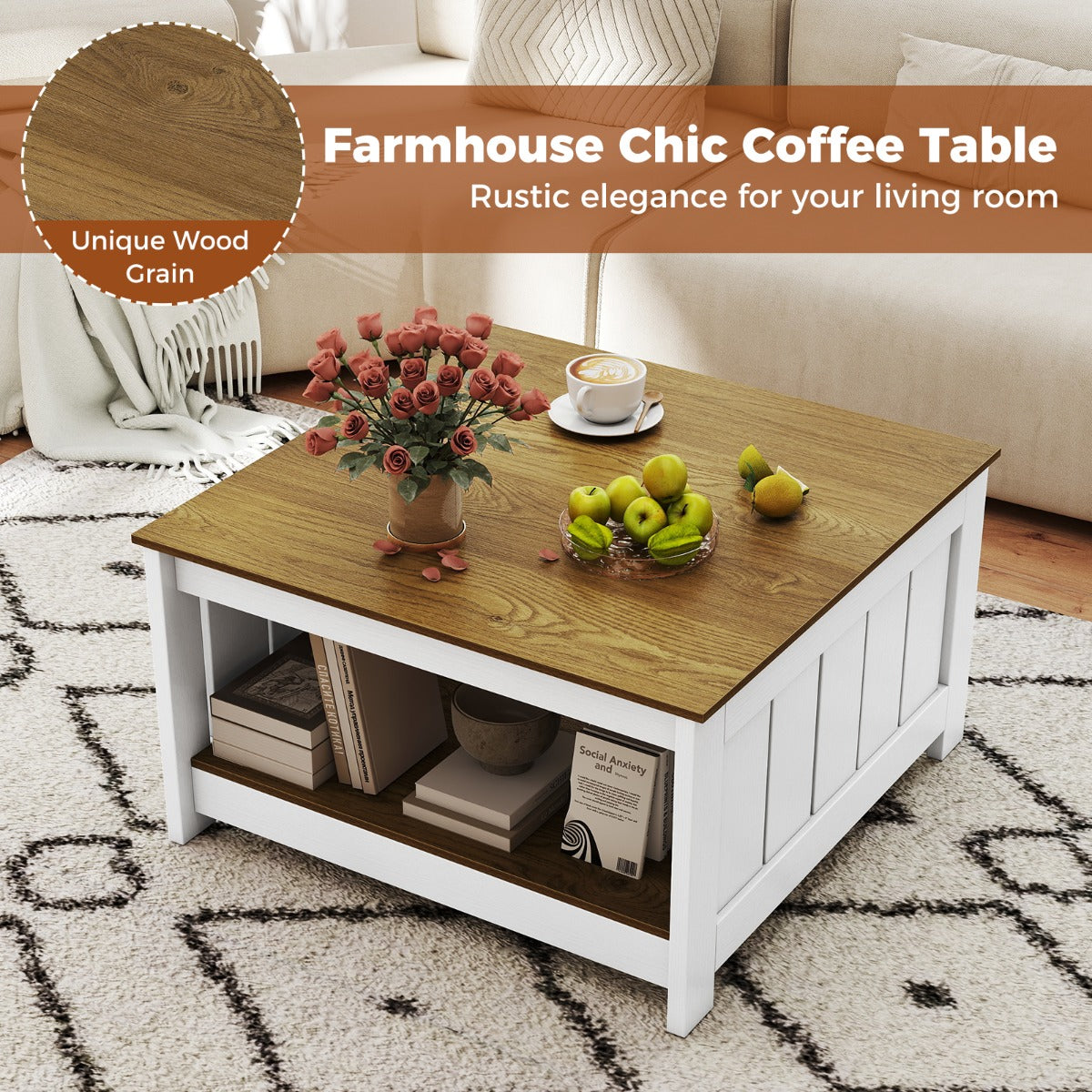 LIVSK Salontafel - 2-laagse Opbergruimte - Robuuste Constructie - Rustieke Houtnerf - Draagvermogen 160 kg - Naturel & Wit