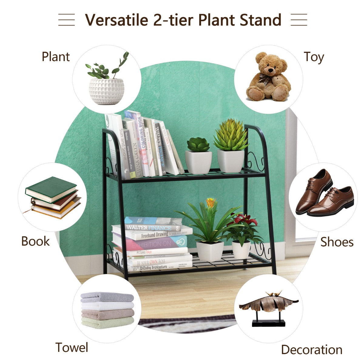 LIVSK Metalen Plantentribune - Stevig Stalen Frame - 2 Niveaus voor Planten en Decoratie - Binnen/Buiten Gebruik - 63 x 30,5 x