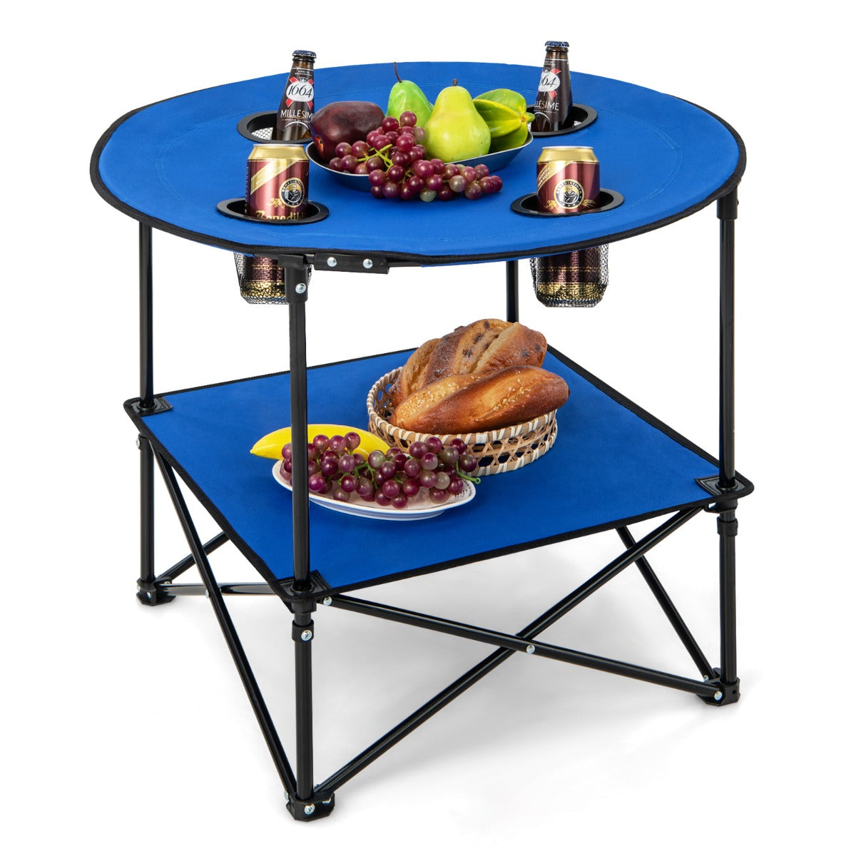 LIVSK 2-laags Kampeertafel - Opvouwbaar met 2 Niveaus - 4 Bekerhouders - Duurzaam Oxford-Materiaal - Tot 40 kg - Blauw en Zwart