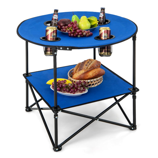 LIVSK 2-laags Kampeertafel - Opvouwbaar met 2 Niveaus - 4 Bekerhouders - Duurzaam Oxford-Materiaal - Tot 40 kg - Blauw en Zwart