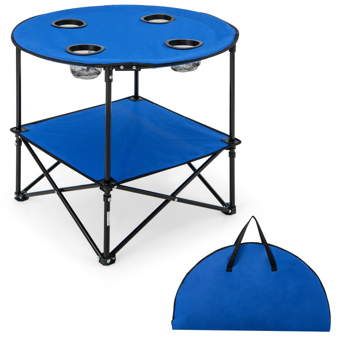 LIVSK 2-laags Kampeertafel - Opvouwbaar met 2 Niveaus - 4 Bekerhouders - Duurzaam Oxford-Materiaal - Tot 40 kg - Blauw en Zwart