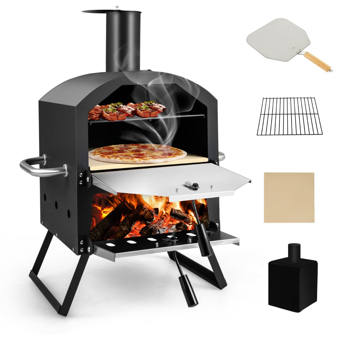 LIVSK Draagbare Pizzaoven voor Buiten - 1860 cm² Kookoppervlak - Temperatuurregeling - Inclusief Pizzasteen en Hoes - Zwart +
