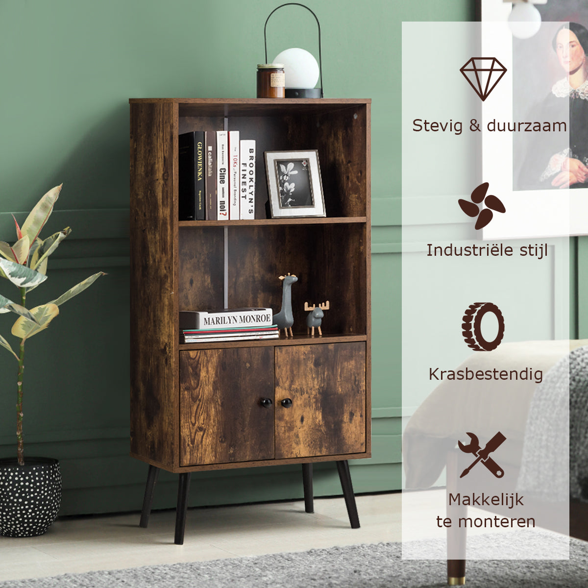 LIVSK Boekenplank met 2 Open Planken en Verborgen Compartiment - Stevig en Duurzaam - Vintage Stijl - 60 x 30 x 120 cm - Zoals