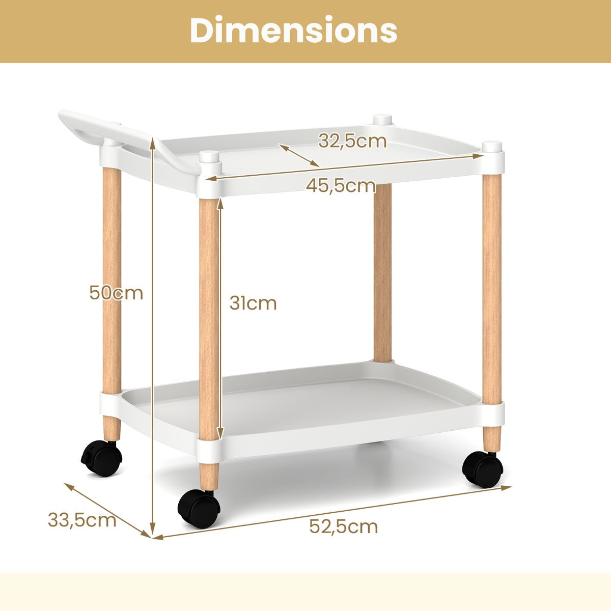 LIVSK Multifunctionele Trolley - 2 Open Schappen - Hoogwaardig PP en Beukenhout - Eenvoudig Verplaatsbaar - 52,5 x 33,5 x 50 cm -