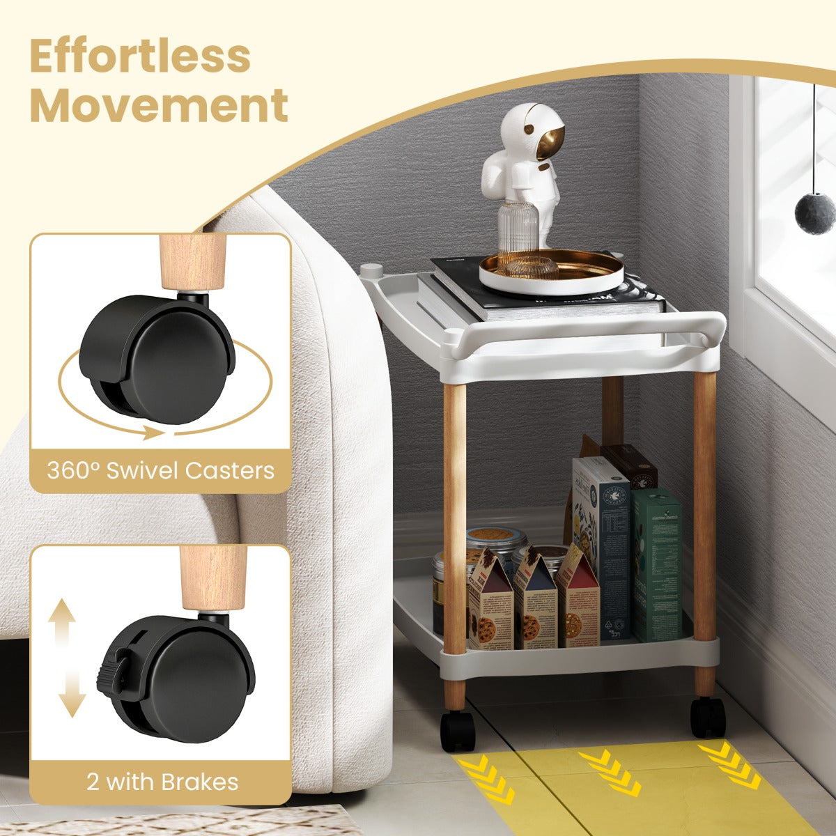 LIVSK Multifunctionele Trolley - 2 Open Schappen - Hoogwaardig PP en Beukenhout - Eenvoudig Verplaatsbaar - 52,5 x 33,5 x 50 cm -