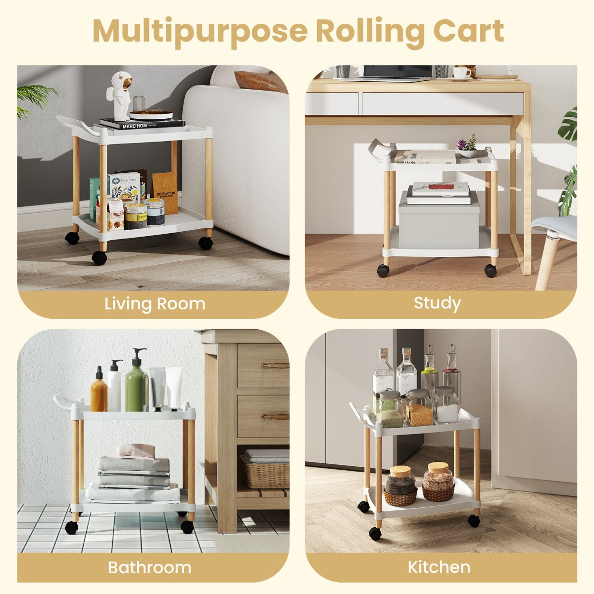 LIVSK Multifunctionele Trolley - 2 Open Schappen - Hoogwaardig PP en Beukenhout - Eenvoudig Verplaatsbaar - 52,5 x 33,5 x 50 cm -