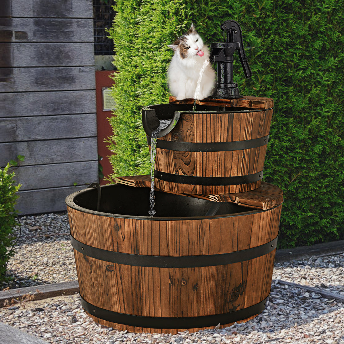 LIVSK Trapsgewijze Houten Fontein met Handpomp - Rustiek Design - Duurzaam Sparrenhout - Eenvoudig Op te Zetten - 44,5 x 44,5 x