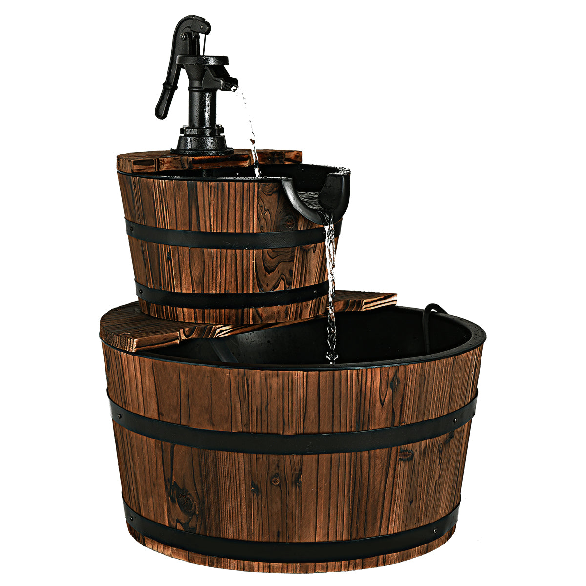 LIVSK Trapsgewijze Houten Fontein met Handpomp - Rustiek Design - Duurzaam Sparrenhout - Eenvoudig Op te Zetten - 44,5 x 44,5 x