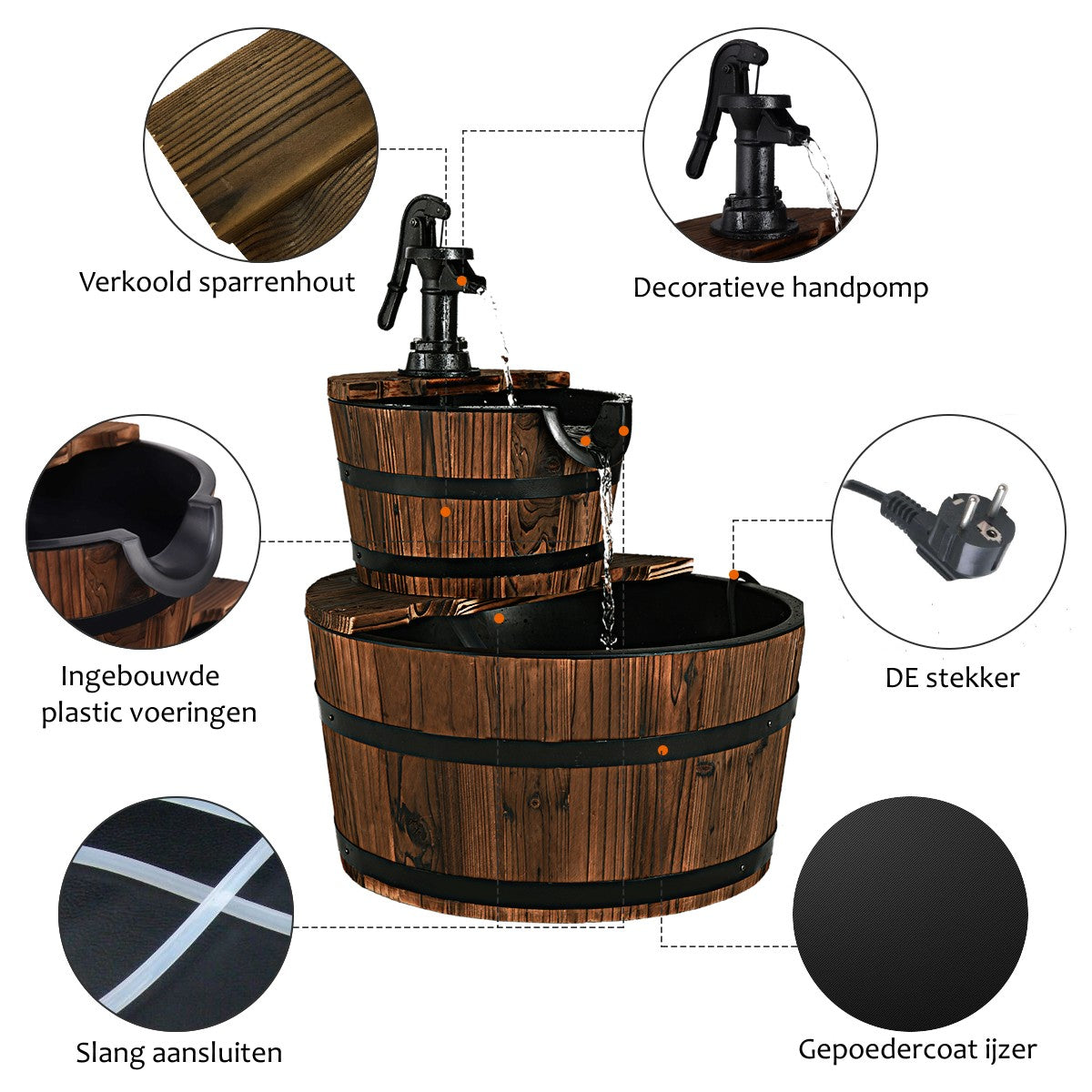 LIVSK Trapsgewijze Houten Fontein met Handpomp - Rustiek Design - Duurzaam Sparrenhout - Eenvoudig Op te Zetten - 44,5 x 44,5 x