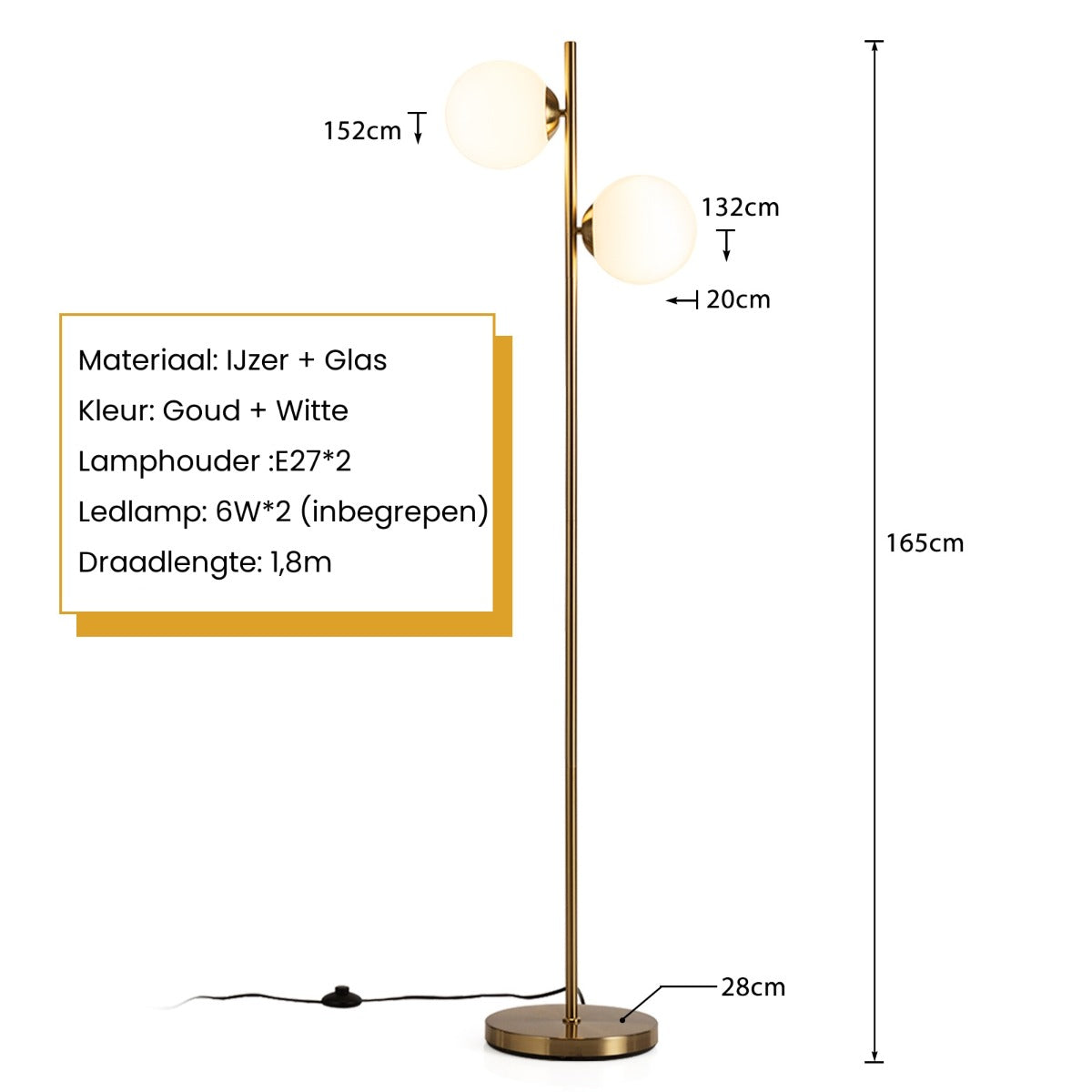 LIVSK bolvormige vloerlamp - Elegante gouden staaf met melkglazen bollen - Warm licht - Voetschakelaar - 165 cm - Goud