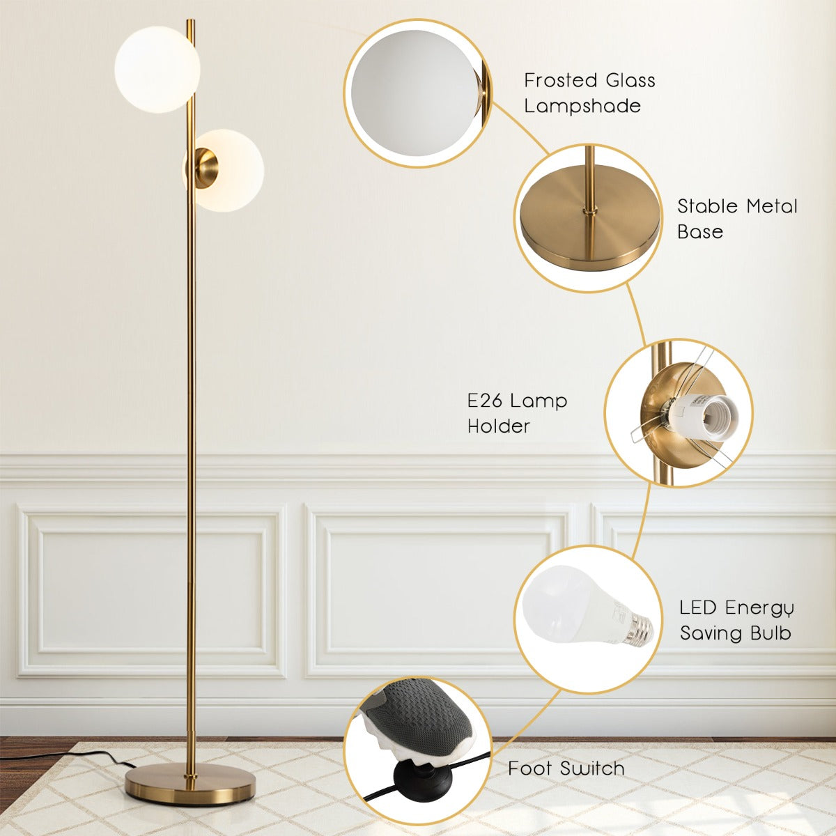 LIVSK bolvormige vloerlamp - Elegante gouden staaf met melkglazen bollen - Warm licht - Voetschakelaar - 165 cm - Goud