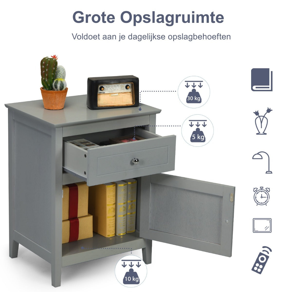 LIVSK Nachtkastje Set van 2 - Duurzaam MDF en Dennenhout - Uittrekbare Lade - 48 x 38 x 63,5 cm - Grijs