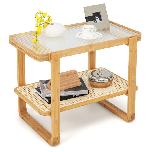 LIVSK Bamboe Bijzettafel - Glazen Blad - Rotan Opbergplank - Multifunctioneel - Waterdicht - Stabiel - Natuurlijk