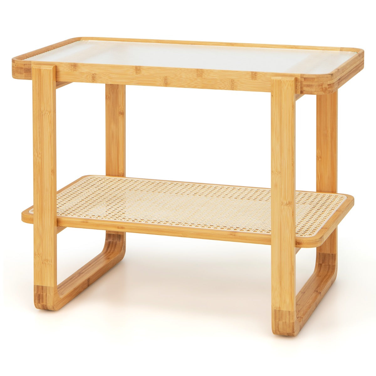 LIVSK Bamboe Bijzettafel - Glazen Blad - Rotan Opbergplank - Multifunctioneel - Waterdicht - Stabiel - Natuurlijk