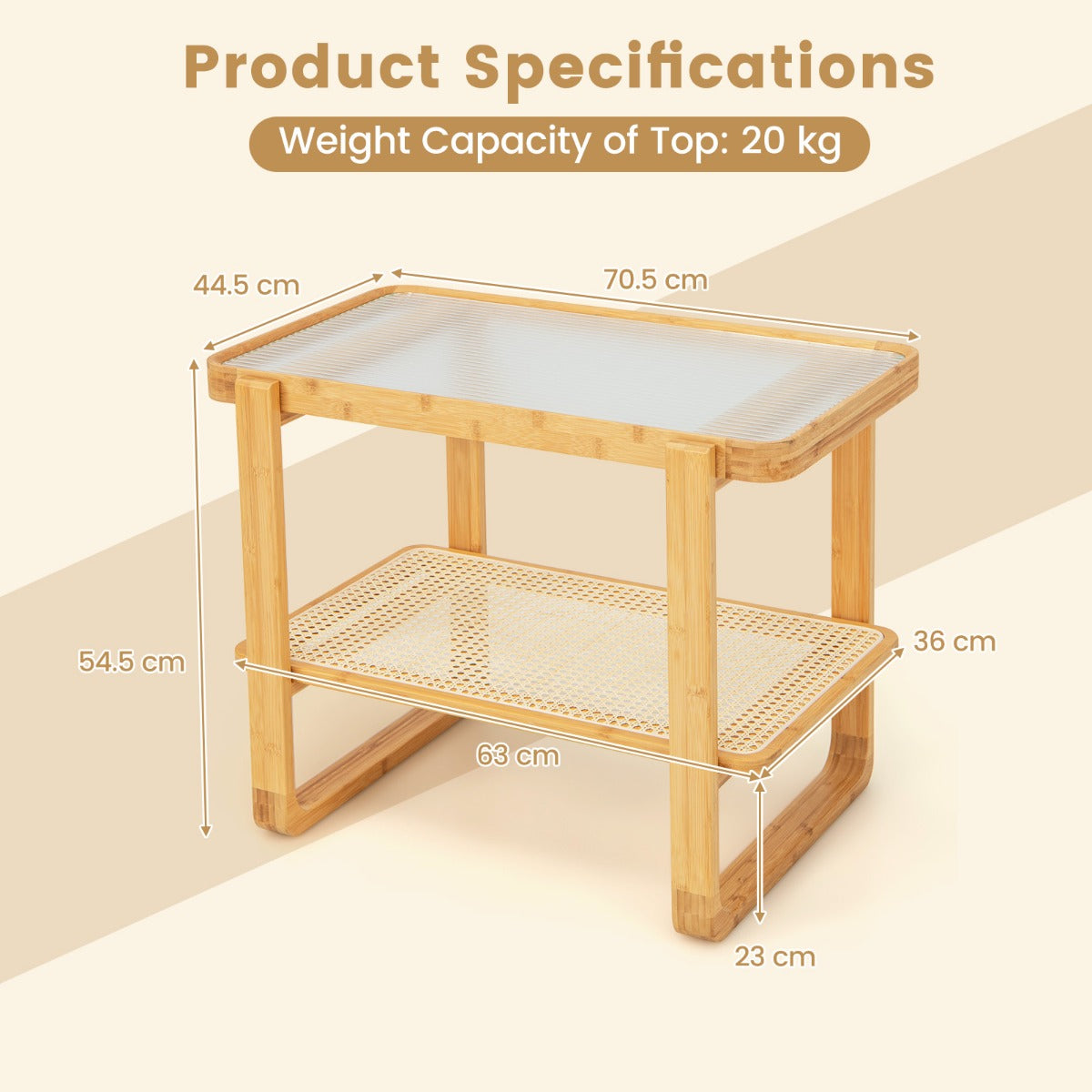 LIVSK Bamboe Bijzettafel - Glazen Blad - Rotan Opbergplank - Multifunctioneel - Waterdicht - Stabiel - Natuurlijk