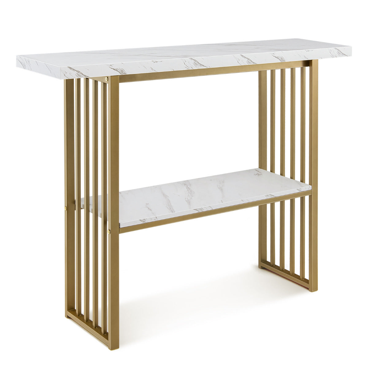 LIVSK Console Tafel - Kunstmarmer met Gouden Frame - 2-laags Opslag - Duurzaam MDF - 120 x 29,5 x 92,5 cm - Wit