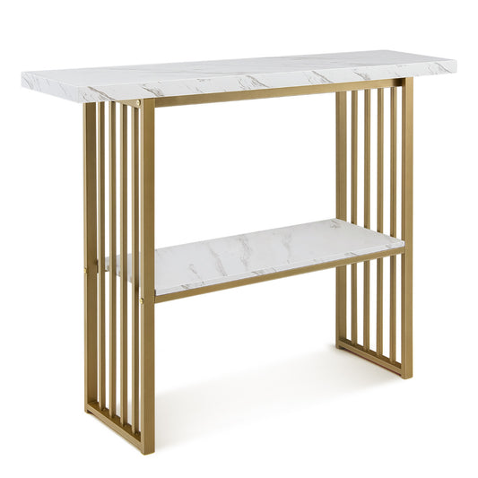 LIVSK Console Tafel - Kunstmarmer met Gouden Frame - 2-laags Opslag - Duurzaam MDF - 120 x 29,5 x 92,5 cm - Wit