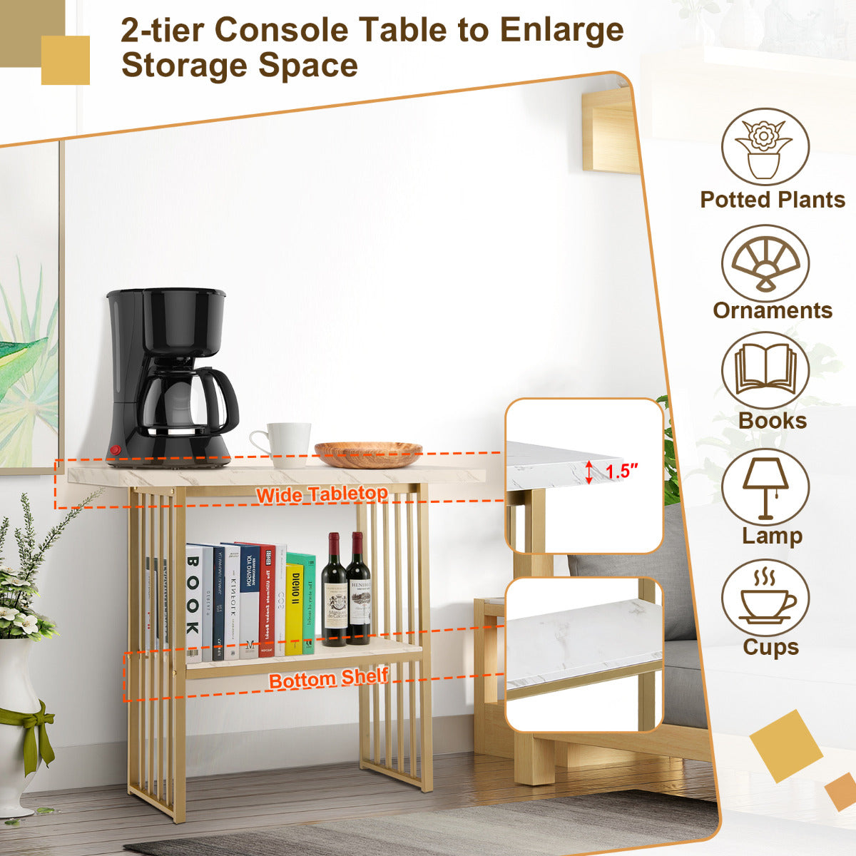 LIVSK Console Tafel - Kunstmarmer met Gouden Frame - 2-laags Opslag - Duurzaam MDF - 120 x 29,5 x 92,5 cm - Wit