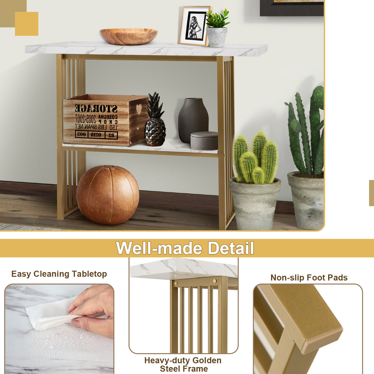 LIVSK Console Tafel - Kunstmarmer met Gouden Frame - 2-laags Opslag - Duurzaam MDF - 120 x 29,5 x 92,5 cm - Wit