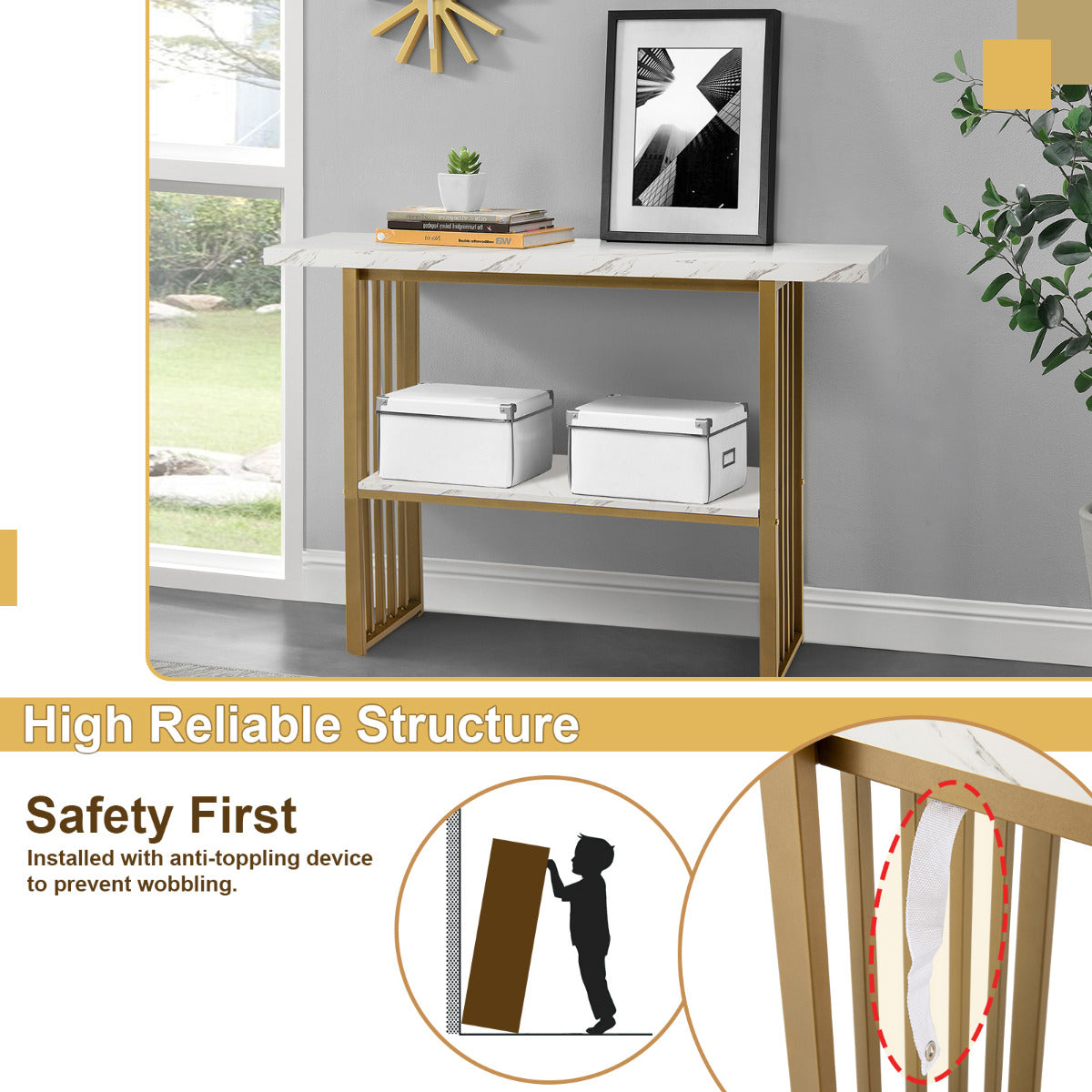 LIVSK Console Tafel - Kunstmarmer met Gouden Frame - 2-laags Opslag - Duurzaam MDF - 120 x 29,5 x 92,5 cm - Wit