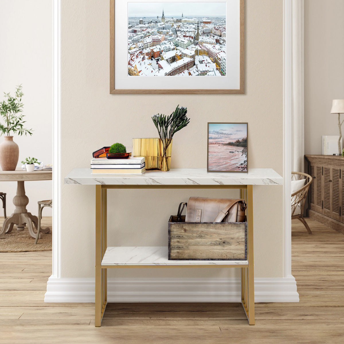 LIVSK Console Tafel - Kunstmarmer met Gouden Frame - 2-laags Opslag - Duurzaam MDF - 120 x 29,5 x 92,5 cm - Wit