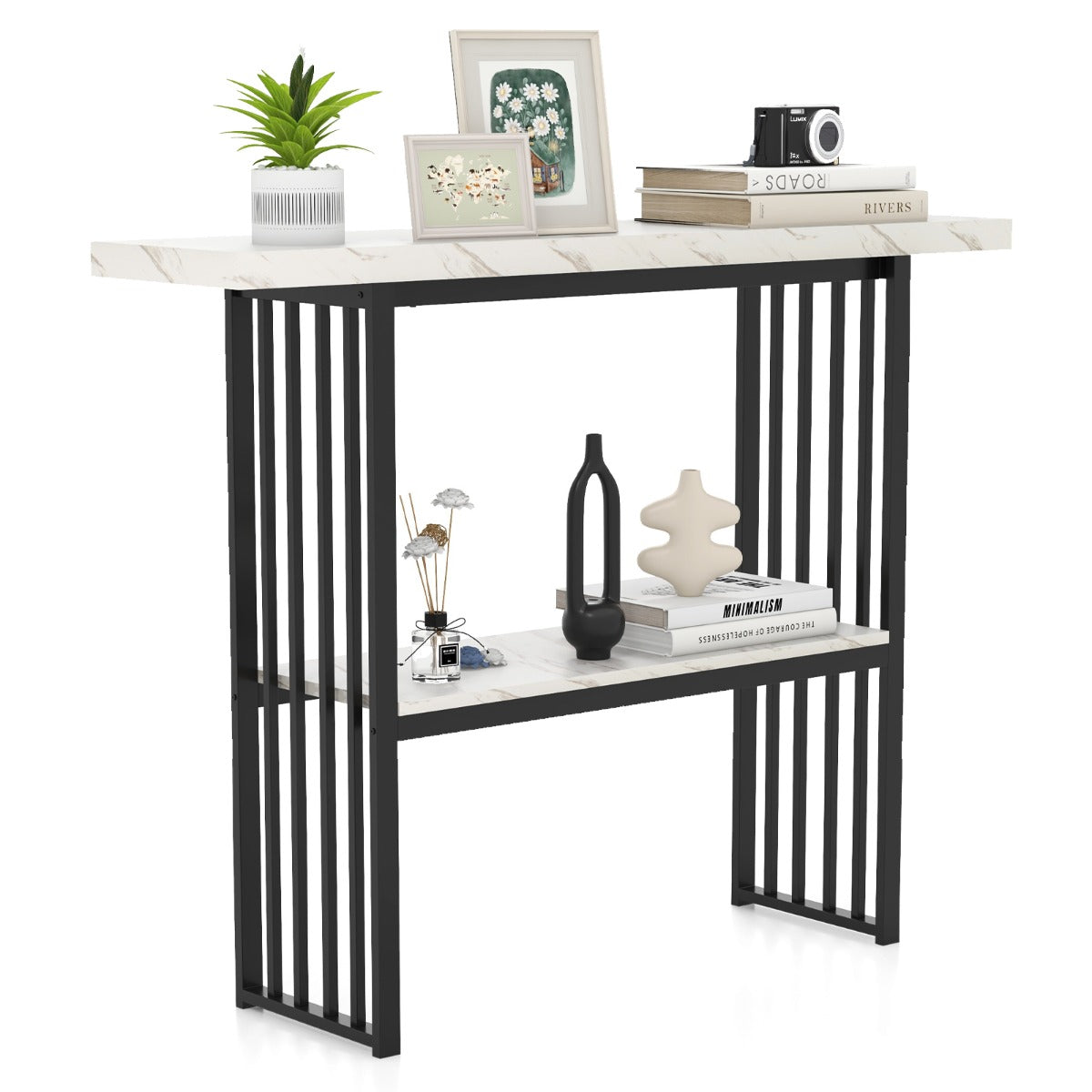LIVSK Consoletafel met Kunstmarmer - 2-laags Ontwerp - Duurzaam MDF en Staal - Anti-kantelbeveiliging - Zwart + Wit