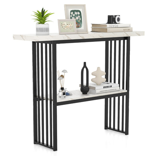 LIVSK Consoletafel met Kunstmarmer - 2-laags Ontwerp - Duurzaam MDF en Staal - Anti-kantelbeveiliging - Zwart + Wit