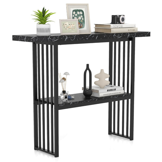 LIVSK Consoletafel - Kunstmarmeren Look - Gouden Metalen Frame - 2 Niveaus - Duurzaam MDF - 120 x 29,5 x 92,5 cm - Zwart