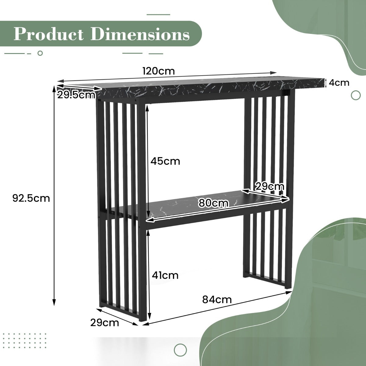 LIVSK Consoletafel - Kunstmarmeren Look - Gouden Metalen Frame - 2 Niveaus - Duurzaam MDF - 120 x 29,5 x 92,5 cm - Zwart