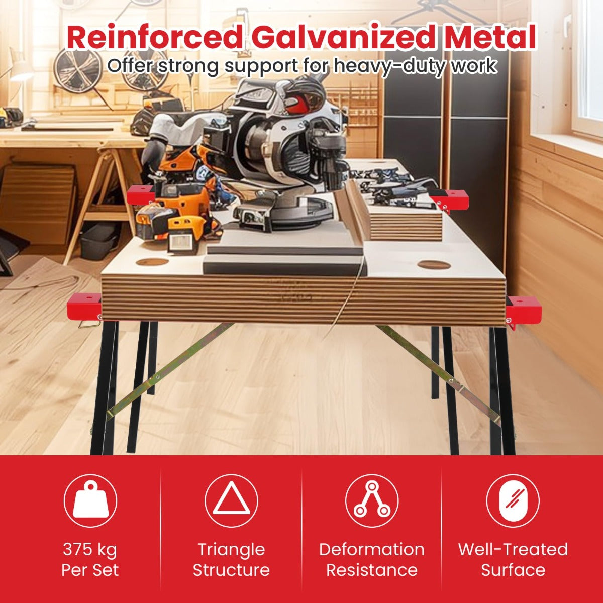 LIVSK Draagbare Zaagbokken - Gegalvaniseerd Metaal - Antislip - 2-Pack - Tot 375 kg - Geen Montage - Zwart + Rood