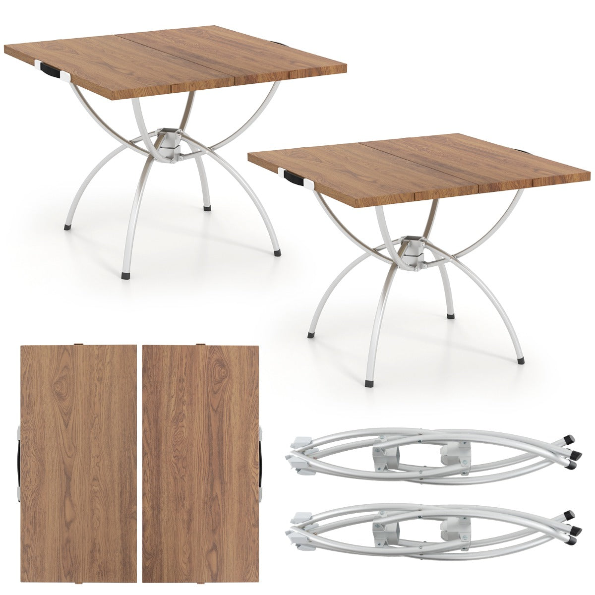 LIVSK Opvouwbare Picknicktafel - Lichtgewicht Aluminium - Houtnerf Tafelblad - Eenvoudig te Transporteren - Koffie + Zilver