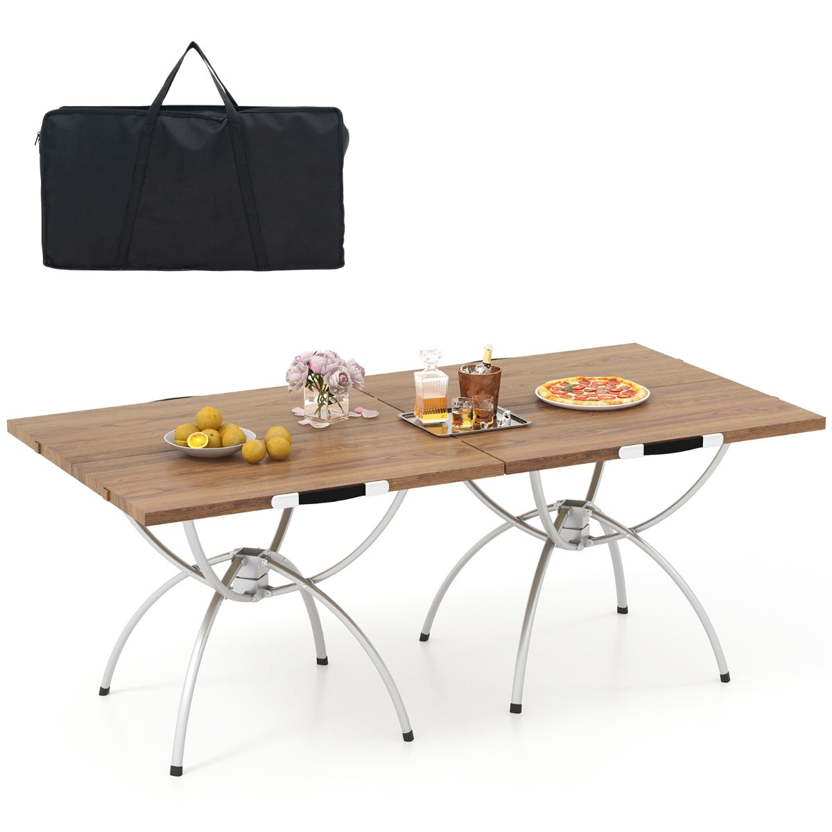 LIVSK Opvouwbare Picknicktafel - Lichtgewicht Aluminium - Houtnerf Tafelblad - Eenvoudig te Transporteren - Koffie + Zilver